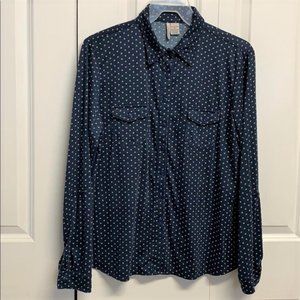 Love Potion Blue Tan Polka Dot Print Long Sleeve Stretch Pocket Top Size XL